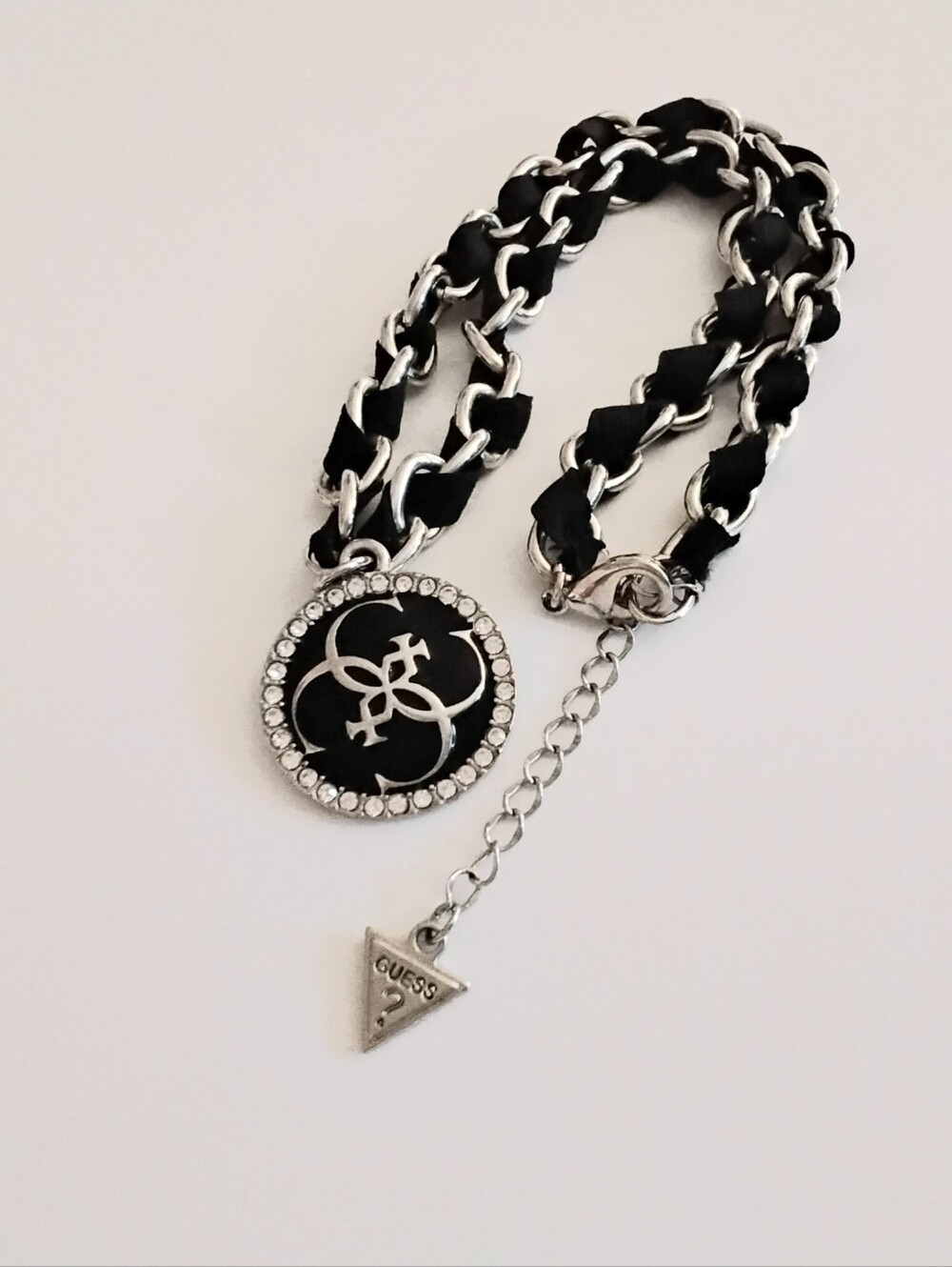 GUESS Black and Silver Chain Necklace with Crystal-Edged Logo Medallion
